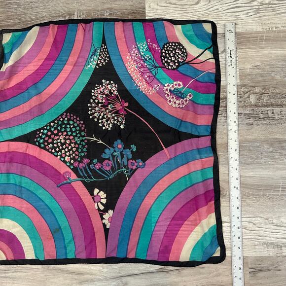 Vintage Milanowek Silk Scarf Black Mod Floral Rainbow Print 70s Square 24x25 - Picture 9 of 9